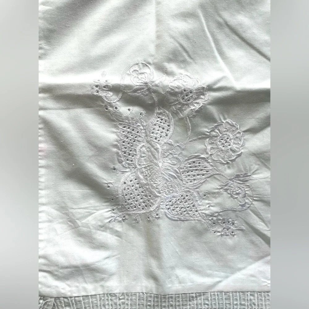 White Ruffled Floral Embroidered Standard Pillow Shams Set Romantic Fairycore